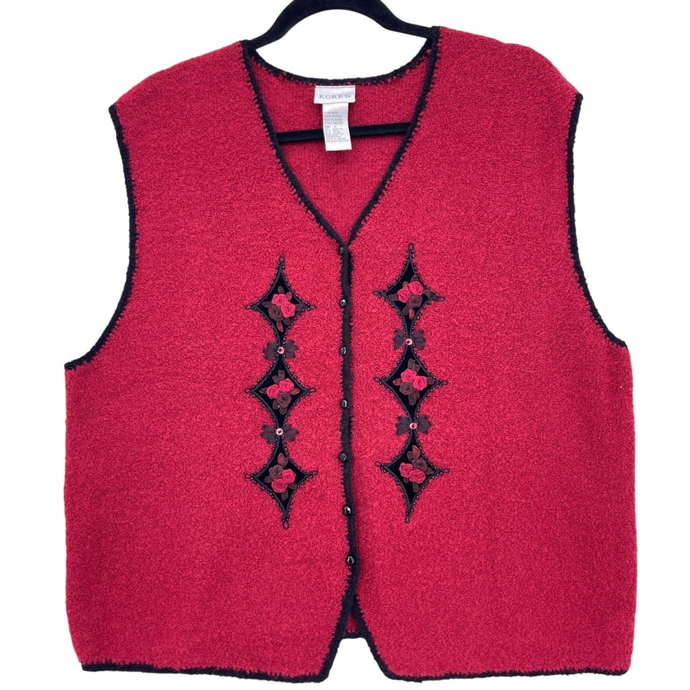 Koret Red Boucle Knit Vest L Vintage 90s Floral Ribbon Applique Beaded Diamond - Picture 1 of 8